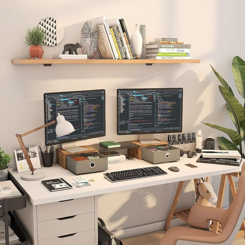 Ergonomic Dual Monitor Stand Riser With Two Drawers For Comfortable Workspace Organization