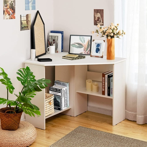 Compact White Corner Desk With Storage Shelves For Home Office