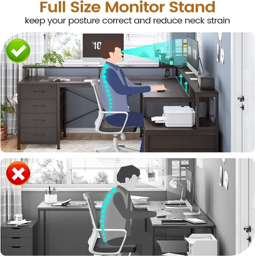Black L Shaped Desk With Six Drawers And File Cabinet For Home Office Organization