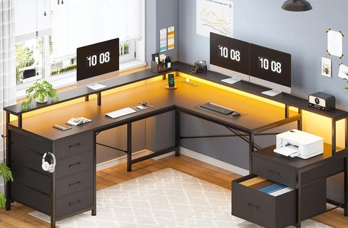 Black L Shaped Desk With Six Drawers And File Cabinet For Home Office Organization