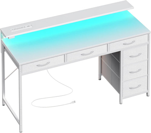 White 47 Inch LED Gaming Desk With 6 Drawers USB Type C