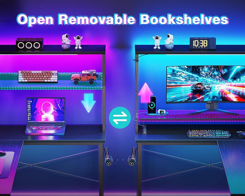 L Shaped Gaming Desk With LED Lights And Power Outlets