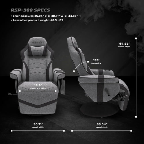 900 Gaming Recliner Gray Fabric With Adjustable Leg Rest Cupholder And Footrest For Console Gamers