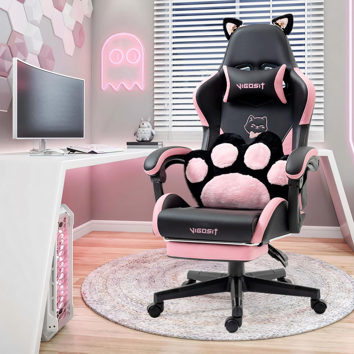 Cute Gaming Chair with Cat Paw Lumbar Cushion and Cat Ears Ergonomic Computer Chair with Footrest Reclining PC Game Chair for Girl Teen Black Pink