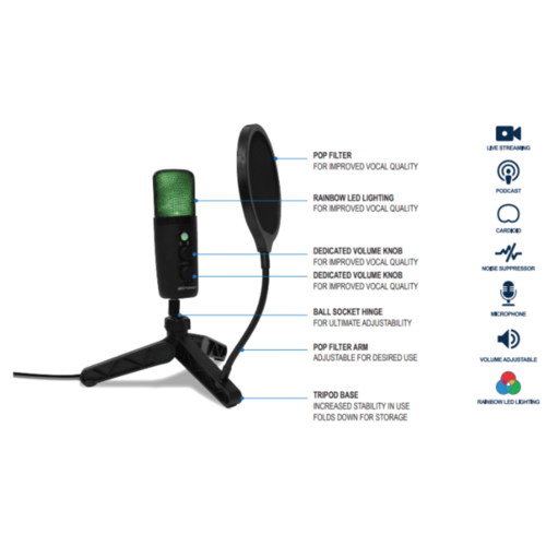 Emerson USB Gaming And Streaming Condenser Microphone With LED Lighting And Noise Canceling Technology