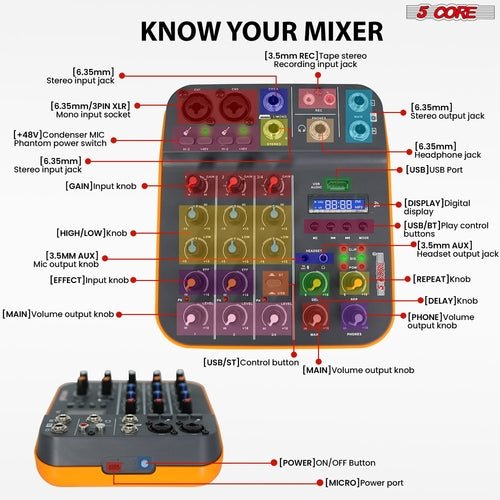 5 Core Audio Mixer 4 Channel DJ Equipment with Bluetooth USB Sound - Crafted Creator