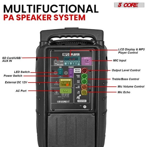 5Core 10 inch PA Portable Bluetooth Party Speaker Karaoke Boombox + 2 Mics - Crafted Creator