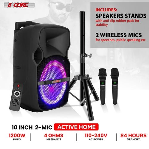 5Core 10 inch PA Portable Bluetooth Party Speaker Karaoke Boombox + 2 Mics - Crafted Creator