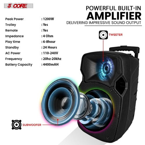 5Core 10 inch PA Portable Bluetooth Party Speaker Karaoke Boombox + 2 Mics - Crafted Creator